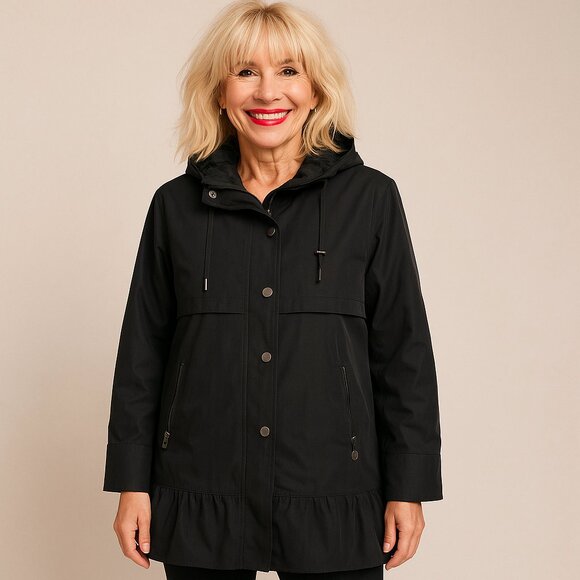 Betsey Johnson Hooded Faux Fur Lined Parka Coat Black, Ruffle Hem, Size L - Picture 1 of 8